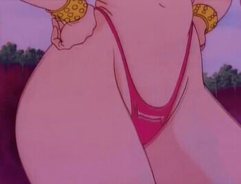 1990s_(style) 1992 1girl animated animated_gif armor ass bikini bikini_armor bindi bracelet breasts demon_girl ears eganko fangs fingernails jewelry long_fingernails long_hair lowres makeup medium_breasts midriff necklace nipples pointy purple_eyes purple_hair retro_artstyle swimsuit tagme thong v-bangs wide_hips youjuu_sensen_adventure_kid