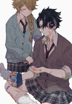 2boys aether_(genshin_impact) alternate_costume artist_name bandaid bandaid_on_face bandaid_on_leg black_hair black_necktie black_skirt blonde_hair blue_sweater bow braid brown_sweater buttons candy closed_eyes closed_mouth collared_shirt crossdressing crossdressing_(mtf) drink_carton ear_piercing feet_out_of_frame fingernails food genshin_impact grey_eyes grey_hair hair_between_eyes hair_bow hair_ornament hairclip hairpin hand_up holding holding_milk_carton jelly_bean leg_warmers long_hair long_sleeves looking_at_another male_focus milk_carton miniskirt multicolored_hair multiple_boys necktie piercing pink_bow plaid_clothes plaid_skirt puffy_long_sleeves puffy_sleeves red_necktie rowya scar school_uniform seiza sharing sharing_food shirt short_hair simple_background sitting skirt smile socks sweater two-tone_hair watermark white_background white_shirt white_socks wriothesley_(genshin_impact)