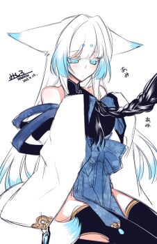 Rule 34 | 1girl, animal ears, bare shoulders, black thighhighs, blue eyes, closed mouth, commentary request, dated, female focus, fox ears, fox tail, gradient hair, konshin, long hair, multicolored hair, off shoulder, orie mishiro, original, pelvic curtain, short eyebrows, signature, simple background, sitting, sketch, solo, tail, thighhighs, white background