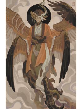 1boy brown_hair character_request commentary covered_eyes driftwoodwolf dust english_commentary expressionless facing_viewer fantasy flying full_body haori harpy_boy japanese_clothes kimono male_focus monster_boy orange_kimono original regalia_for_the_wretched short_hair solo talons wings