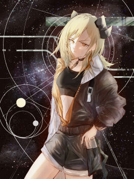 1girl absurdres arknights black_background black_choker black_horns black_shorts black_tank_top blonde_hair braid braided_sidelock breasts brown_jacket cheddar_n choker closed_mouth collarbone collared_jacket commentary_request cowboy_shot crop_top demon_horns earrings expressionless feather_choker hair_tie hand_on_own_hip heterochromia highres horns ifrit_(arknights) ifrit_(lone_trail)_(arknights) jacket jewelry long_sleeves looking_at_viewer low_ponytail medium_hair midriff official_alternate_costume open_clothes open_jacket orange_eyes parted_bangs partial_commentary ponytail puffy_long_sleeves puffy_sleeves raised_eyebrow short_ponytail short_shorts shorts small_breasts solo standing star_(sky) starry_sky_background stud_earrings tank_top thighs yellow_eyes