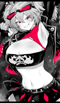 Rule 34 | 1girl, absurdres, armpits, bandeau, belt, breasts, burnice white, eyewear on head, greyscale, grin, highres, large breasts, looking at viewer, midriff, monochrome, navel, niwarhythm, smile, solo, sunglasses, zenless zone zero