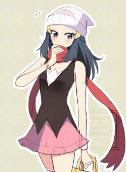 1girl beanie black_hair blush bracelet commentary_request cowboy_shot dawn_(pokemon) eyelashes flying_sweatdrops grey_eyes hair_ornament hairclip hand_up hat highres holding jewelry long_hair nintendo ohn_pkmn outline pink_skirt pokemon pokemon_dppt red_scarf scarf scarf_over_mouth shirt sidelocks skirt sleeveless sleeveless_shirt solo white_hat yellow_bag