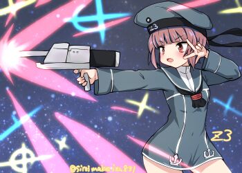 1girl absurdres adapted_turret black_neckerchief blue_dress blue_sailor_collar brown_eyes brown_hair cannon clothes_writing commentary contrapposto dress firing hat highres kantai_collection kitahama_(siroimakeinu831) neckerchief peaked_cap sailor_collar sailor_dress sailor_hat ship_turret short_dress short_hair solo v v_over_eye z3_max_schultz_(kancolle)