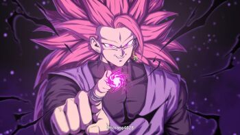 1boy absurdres black_shirt commentary commission dragon_ball dragon_ball_heroes dragon_ball_super earrings english_commentary goku_black grey_tunic highres horang4628 jewelry long_hair male_focus muscular muscular_male pink_hair pointing potara_earrings powering_up purple_eyes shirt single_earring smirk solo spiked_hair super_saiyan super_saiyan_3 super_saiyan_rose tunic twitter_username upper_body