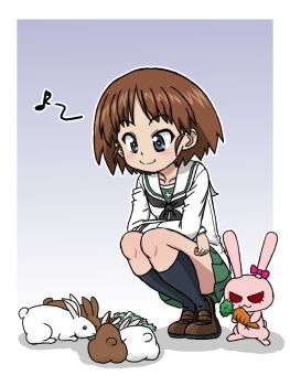 1girl 1other black_neckerchief black_socks brown_rabbit brown_shoes carrot girls_und_panzer gradient_background green_skirt grey_background holding holding_carrot kneehighs lettuce mascot miniskirt musical_note neckerchief ooarai_school_uniform pink_ribbon pleated_skirt pointy_hair rabbit ribbon sakaguchi_karina school_uniform serafuku shoes short_hair sitting sitting_on_lap sitting_on_person skirt smile socks takahashi_kurage white_rabbit_(animal) white_serafuku