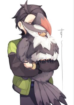 1boy beak bird black_hair black_pants closed_mouth commentary_request gen_4_pokemon green_jacket highres holding holding_pokemon hug jacket long_sleeves mukomaru nintendo open_clothes open_jacket pants paxton_(pokemon) pokemon pokemon_(creature) pokemon_legends:_z-a red_eyes shirt short_hair staraptor talons white_shirt