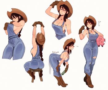 ... 1girl absurdres animal arms_up artist_name ass bare_arms bare_shoulders bent_over blush boots bottle braid breasts brown_boots brown_gloves cleavage closed_eyes commentary cowboy_hat cowboy_shot english_commentary freckles full_body gloves grin half-closed_eyes hat highres holding holding_animal holding_bottle jewelry long_hair looking_at_viewer mirrored_text multiple_views naked_overalls naughty_face original overalls pendant pig raichiyo33 sideboob sidelocks simple_background single_braid sitting smile stool stretching upper_body white_background