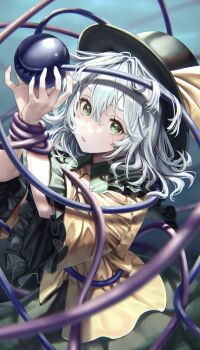 1girl absurdres black_hat bound bound_wrists eyeball frilled_shirt_collar frilled_sleeves frills green_eyes green_skirt hat hat_ribbon highres komeiji_koishi ribbon shirt skirt third_eye torinari_(dtvisu) touhou white_hair wide_sleeves yellow_ribbon yellow_shirt