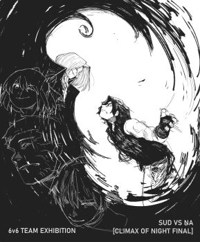 1girl 4boys ascot aura beffen_m black_background black_hair black_vest bow cape closed_eyes dark_aura darkness face-to-face fighting fingerless_gloves formal_clothes frown gloves hair_bow half_updo highres kishima_kouma kohaku_(tsukihime) looking_at_another looking_at_viewer maid medium_hair melty_blood monochrome multiple_boys nanaya_shiki night_of_wallachia nrvnqsr_chaos one_eye_closed pants short_hair sleeveless_vest smile tsukihime umbrakinesis vampire vest white_background white_pants