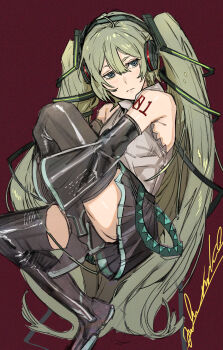 1girl absurdres aqua_eyes aqua_shirt aqua_trim arm_tattoo artist_name bare_shoulders black_boots black_skirt black_thighhighs blush boots closed_mouth collared_shirt commentary detached_sleeves earphones green_hair hair_between_eyes hatsune_miku highres hiranko hugging_own_legs long_hair long_sleeves number_tattoo pleated_skirt red_background shirt signature simple_background skirt sleeveless sleeveless_shirt solo tattoo thigh_boots thighhighs twintails very_long_hair vocaloid