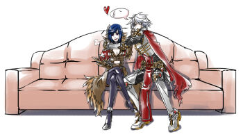 1boy 1girl armor armored_boots belt black_thighhighs blue_hair boots breastplate breasts brown_belt brown_coat brown_gloves cape chainmail coat commentary_request couch couple cross_of_prontera fingerless_gloves full_body gloves hetero hug mature_female mature_male medium_breasts on_couch pauldrons purple_eyes ragnarok_online red_cape red_tabard rune_knight_(ragnarok_online) shadow_chaser_(ragnarok_online) short_hair shoulder_armor simple_background sitting tabard thighhighs toriria white_background wrinkled_skin