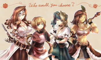 &gt;:) 4girls :/ aqua_eyes aqua_skirt armor axe bandana bare_shoulders battle_axe beatrix belt belt_buckle belt_skirt bike_shorts black_belt black_bow black_gloves black_legwear black_neckwear blonde_hair blue_eyes bow breasts brown_background brown_hair buckle cleavage closed_mouth collarbone corset cowboy_shot curly_hair dark-skinned_female dark_skin dress english_text eyelashes eyepatch eyeshadow facing_viewer feathers final_fantasy final_fantasy_ix fingerless_gloves flower fur_trim gem gloves grey_hair hair_between_eyes hair_tubes hand_on_own_hip hand_on_own_chin highres holding holding_weapon lani_(ff9) large_breasts lips long_hair long_sleeves looking_at_viewer makeup medium_breasts midriff mikoto_(ff9) miniskirt monkey_tail multiple_girls namuko navel orange_eyes outline over_shoulder pantyhose puffy_long_sleeves puffy_short_sleeves puffy_sleeves red_flower red_rose red_skirt rose ruby_(ff9) save_the_queen sheath sheathed shirt short_hair short_sleeves skin_tight skirt sleeveless sleeveless_dress sleeves_past_wrists smile standing strapless tail taut_clothes thighhighs tube_top turtleneck v v-shaped_eyebrows weapon weapon_over_shoulder white_dress white_gloves white_legwear white_outline white_shirt zettai_ryouiki