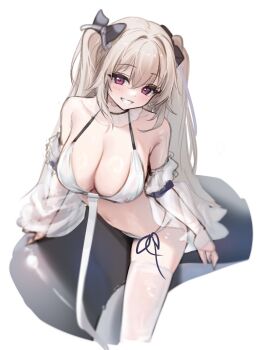 1girl anchorage_(azur_lane) anchorage_(dolphins_and_swim_lessons)_(azur_lane) azur_lane bare_shoulders bikini black_choker breasts choker cleavage cropped_legs detached_sleeves g_home grin halterneck highres inflatable_toy large_breasts long_hair looking_at_viewer navel official_alternate_costume purple_eyes see-through_clothes see-through_sleeves side-tie_bikini_bottom simple_background smile solo stomach string_bikini swimsuit thighhighs twintails unfinished very_long_hair white_background white_bikini white_hair white_thighhighs