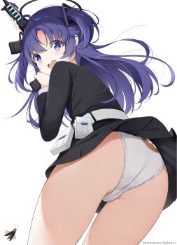 1girl arm_up ass belt black_jacket black_skirt blue_archive bug chintora0201 commentary_request gun hair_between_eyes hair_ornament halo highres holding holding_gun holding_weapon jacket long_hair looking_at_viewer mechanical_halo open_mouth panties pleated_skirt pouch purple_eyes purple_hair shirt simple_background skirt thighs triangle_hair_ornament underwear weapon white_background white_belt white_panties white_shirt yuuka_(blue_archive)