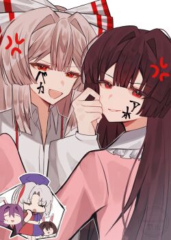 Rule 34 | 5girls, :d, anger vein, angry, animal ears, bow, brown hair, cheek pull, closed eyes, commentary request, fujiwara no mokou, hair bow, hat, highres, houraisan kaguya, inaba tewi, long hair, long sleeves, looking at viewer, medium hair, multiple girls, nervous smile, nurse cap, open mouth, parted lips, pink shirt, purple hair, rabbit ears, rabbit girl, red eyes, reisen udongein inaba, shirt, sigh, smile, touhou, ussame, watermark, white hair, white shirt, yagokoro eirin