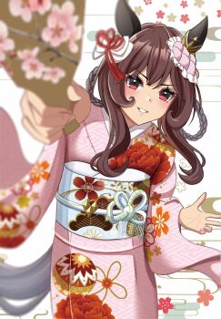 Rule 34 | 1girl, aimi (tikichin0229), animal ears, blush, braid, braided hair rings, breasts, brown hair, commentary request, ear covers, ear ornament, floral print, floral print kimono, gentildonna (umamusume), hagoita, hair between eyes, hair ornament, hair rings, heart-shaped ornament, heart ear ornament, highres, holding, holding paddle, horse ears, horse girl, horse tail, japanese clothes, kimono, long hair, long sleeves, looking at viewer, obi, paddle, parted lips, pink kimono, print kimono, red eyes, sash, smile, solo, tail, umamusume