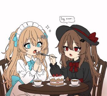 2girls alternate_costume apron back_bow black_dress black_hat blue_bow blue_bowtie blue_eyes blue_ribbon blue_skirt bow bowtie broken_heart broken_heart_hair_ornament brown_hair cake cake_slice chair collared_dress cowboy_shot cup double-parted_bangs dress evil_neuro-sama feeding food fork hair_between_eyes hair_ornament hair_ribbon hand_on_lap hat hat_bow heart heart_hair_ornament highres holding holding_fork juliet_sleeves long_hair long_sleeves maid maid_headdress multiple_girls neuro-sama no_nose nythlinvt on_chair open_mouth puffy_long_sleeves puffy_sleeves red_bow red_bowtie red_eyes ribbon saucer shirt siblings sisters sitting skirt sparkle speech_bubble strawberry_shortcake sun_hat table tea teacup torn_ribbon twins two_side_up vedal_ai waist_apron white_background white_shirt wide-eyed wing_collar wooden_chair wooden_table