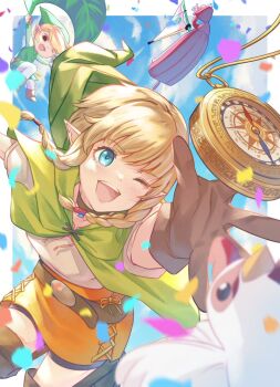 1boy 1girl bird black_eyes blonde_hair blue_eyes braid brown_gloves capelet chicken commentary confetti english_commentary gloves green_capelet green_hat green_tunic hat highres hood hood_down hooded_capelet hyrule_warriors link linkle nintendo one_eye_closed orange_skirt pointy_ears reaching short_sleeves skirt smile teeth the_king_of_red_lions the_legend_of_zelda the_legend_of_zelda:_the_wind_waker toon_link tunic twin_braids upper_teeth_only wanderstillart