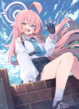 1girl :d absurdres ahoge black_shoes black_skirt blue_archive blue_eyes blue_necktie blue_sky chest_harness cloud collared_shirt commentary_request day fang floating_hair foot_out_of_frame from_below halo hand_up harness heterochromia highres hoshino_(blue_archive) huge_ahoge long_hair long_sleeves looking_at_viewer necktie open_mouth orange_eyes outdoors pink_hair pink_halo plaid_clothes plaid_skirt ring_of_light_(blue_archive) sand shirt shoes signature sitting sitting_on_wall skirt sky smile socks solo sonoji tree very_long_hair waving white_shirt white_socks