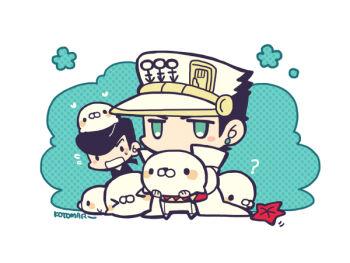 &gt;_&lt; 2boys ? androgyne_symbol animal animal_on_head belt black_hair blush_stickers chibi chibi_only earrings full_body green_eyes hat higashikata_josuke holding holding_animal jewelry jitome jojo_no_kimyou_na_bouken kotorai kuujou_joutarou male_focus multiple_boys on_head pants pompadour seal_(animal) sideburns signature standing starfish white_background white_headwear white_pants