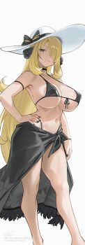 1girl araigumasully bikini black_bikini black_nails black_sarong blonde_hair breasts cleavage closed_mouth covered_erect_nipples cynthia_(pokemon) full_body grey_eyes hair_over_one_eye hat highres huge_breasts long_hair micro_bikini navel nintendo pokemon pokemon_dppt sarong simple_background solo standing strap_gap sun_hat swimsuit very_long_hair white_background white_hat