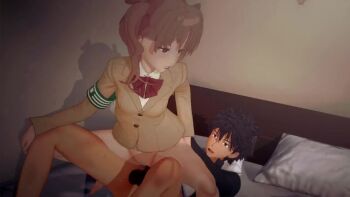 Rule 34 | 1boy, 1girl, 3d, animated, armband, audible internal cumshot, barefoot, bed, black hair, blazer, bottomless, bow, bowtie, brown eyes, brown hair, cum, cum in pussy, emblem, female ejaculation, gakuran, green armband, hand on anothers knee, hetero, hongcha03, indoors, jacket, kamijou touma, koikatsu (medium), long hair, looking at another, maebari, nipples, nude, on bed, penis, pillow, pussy, red bow, red bowtie, school emblem, school uniform, sex, shadow, shirai kuroko, shirt, sound, spiked hair, tagme, toaru majutsu no index, tokiwadai school uniform, twintails, used tissue, vaginal, video, winter uniform
