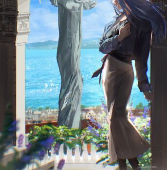 Rule 34 | 1girl, blue hair, blue jacket, braid, fate/stay night, fate (series), flower, head out of frame, highres, jacket, long hair, long skirt, medea (caster) (fate), medea (casual wear) (fate), medea (fate), ocean, real world location, skirt, statue, twitter username, ubwmitekure
