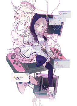 1girl animal_ear_legwear animal_ears breasts brown_hair cat_ear_legwear controller danganronpa_(series) danganronpa_2:_goodbye_despair fake_animal_ears game_console game_controller highres hood hood_up large_breasts long_sleeves medium_hair nanami_chiaki neck_ribbon nintendo_switch pink_eyes pink_ribbon purple_thighhighs ribbon shuimu_guan sitting thighhighs usami_(danganronpa) white_background