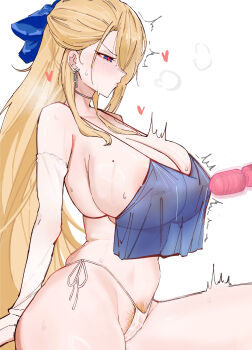 1girl absurdres bikini blonde_hair blue_eyes blue_ribbon breasts brown_dust_(series) brown_dust_2 commentary covered_erect_nipples earrings english_commentary female_pubic_hair hair_ribbon heart heart-shaped_pupils highres huge_breasts inverted_nipples jewelry mole mole_on_breast nipple_stimulation official_alternate_costume pubic_hair ribbon sex_toy side-tie_bikini_bottom skindentation sweat swimsuit symbol-shaped_pupils vibrator vibrator_on_nipple white_background wilhelmina_(brown_dust) wilhelmina_(water_park_queen)_(brown_dust) yby914234