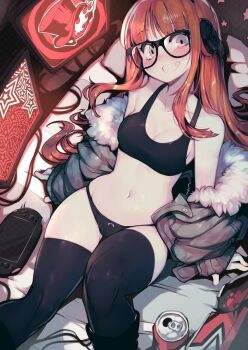 1girl black_bra black_panties bra can coat fur-trimmed_coat fur_trim glasses headphones highres long_hair orange_hair panties parororo persona persona_5 sakura_futaba screen smile solo tagme television thighhighs underwear