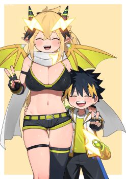 Rule 34 | 1boy, 1girl, age difference, blonde hair, breasts, cleavage, commentary request, crossed bangs, dragon girl, dragon horns, dragon tail, dragon wings, fingerless gloves, gloves, hair ornament, height difference, highres, horns, itoryo, large breasts, lightning bolt, lightning bolt hair ornament, lightning bolt symbol, nakamura yuuto, onee-shota, pointy ears, raisei no ryuu tsukai, ribbed tank top, san-chan, sharp teeth, short shorts, shorts, sports bra, tail, taped arms, teeth, wings, yellow background