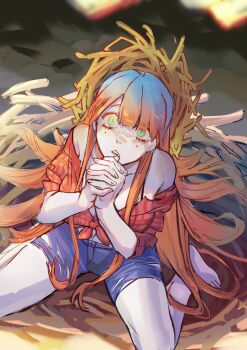 1girl absurdres blunt_bangs breasts chinese_commentary collarbone commentary_request crop_top degrees_of_lewdity denim denim_shorts empty_eyes farmer from_above green_eyes hat highres in_nest interlocked_fingers jeans large_breasts long_hair looking_at_viewer looking_up mole mole_under_eye multiple_moles navel nest off-shoulder_shirt off_shoulder orange_hair own_hands_together pale_skin pants parted_lips plaid_clothes plaid_shirt player_character_(degrees_of_lewdity) player_character_(female)_(degrees_of_lewdity) praying procreate_(medium) red_shirt sheizhidaoni580 shirt short_shorts shorts sitting slit_pupils solo straw_hat three-quarter_sleeves torn_clothes torn_jeans torn_pants torn_shorts triangle_mouth very_long_hair wariza wide-eyed