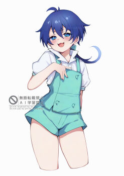 1boy :3 :d absurdres aqua_overalls aqua_shorts blue_eyes blue_hair blush commentary_request hand_on_own_chest hand_up highres lloyd_de_saloum long_hair looking_at_viewer male_focus momochiwood open_mouth overalls puffy_short_sleeves puffy_sleeves raised_eyebrow shirt short_sleeves shorts simple_background smile tensei_shitara_dai_nana_oji_datta_no_de:_kimama_ni_majutsu_o_kiwamemasu trap white_background white_shirt