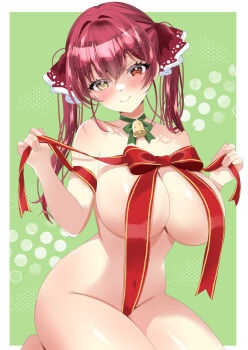 1girl bell breasts commentary_request curvy heterochromia highres hololive houshou_marine large_breasts long_hair looking_at_viewer red_eyes red_hair red_ribbon ribbon rota_kokko twintails two-tone_background virtual_youtuber yellow_eyes