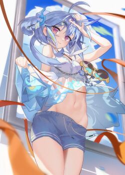 1girl absurdres blue_dress blue_hair blue_shorts breasts chinese_commentary commentary_request dress griseo griseo_(starry_impression) griseo_(summer_as_a_painting) highres honkai_(series) honkai_impact_3rd long_hair navel official_alternate_costume portal_(object) purple_eyes shorts shorts_under_dress small_breasts smile solo spectacled_snake stomach thighs