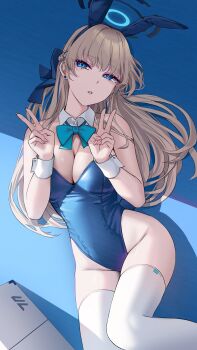 1girl absurdres aqua_bow aqua_bowtie blonde_hair blue_archive blue_eyes blue_hairband blue_halo blue_leotard bow bowtie braid breasts cleavage commentary covered_navel detached_collar double_v hairband half_up_braid halo highleg highleg_leotard highres large_breasts leotard long_hair looking_at_viewer lying official_alternate_costume on_back on_floor parted_lips playboy_bunny revision solo strapless strapless_leotard symbol-only_commentary thighhighs toki_(blue_archive) toki_(bunny)_(blue_archive) v wanne white_thighhighs white_wrist_cuffs wrist_cuffs