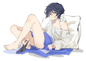 1boy anger_vein animal animal_on_shoulder annoyed barefoot bird bird_on_shoulder black_hair black_male_underwear blue_scarf blunt_ends briefs crossed_legs drawstring fingernails full_body genshin_impact hair_between_eyes long_sleeves looking_at_viewer male_focus male_underwear open_mouth pillow purple_eyes scaramouche_(genshin_impact) scarf shimianaya shirt shoulder_blush single_off_shoulder solo spaghetti_strap toenails toes underwear underwear_around_one_leg white_background white_shirt white_sleeves wispy_bangs