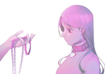 1girl 1other absurdres barbell_piercing belt belt_collar breasts chain chain_leash closed_mouth collar commentary_request ear_piercing from_side heart_collar highres holding holding_leash industrial_piercing leash long_hair multiple_piercings original piercing pink_belt pink_collar pink_eyes pink_hair pink_sweater profile simple_background solo_focus sweater upper_body vyeranika white_background