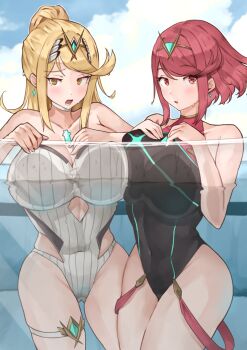 absurdres black_one-piece_swimsuit breasts chest_jewel competition_swimsuit core_crystal_(xenoblade) highres large_breasts mythra_(radiant_beach)_(xenoblade) mythra_(xenoblade) one-piece_swimsuit pyra_(pro_swimmer)_(xenoblade) pyra_(xenoblade) red_one-piece_swimsuit ribbed_swimsuit strapless strapless_one-piece_swimsuit swimsuit tiara two-tone_swimsuit xenoblade_chronicles_(series) xenoblade_chronicles_2 yotsuha_uni
