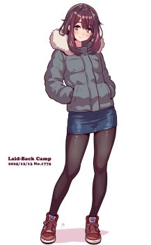 1girl black_pantyhose blue_skirt coat commentary_request copyright_name dated denim denim_skirt down_jacket fur-trimmed_coat fur_trim grey_jacket hair_between_eyes hands_in_pockets high_tops highres jacket jagi_(jagi_souken) long_sidelocks looking_at_viewer pantyhose purple_eyes red_shoes shoes sidelocks skirt smile sneakers solo standing swept_bangs tachi-e tareme toki_ayano winter_clothes winter_coat yellow_eyes yurucamp