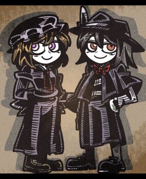 2girls ascot belt black_belt black_capelet black_hair black_hat black_pants blonde_hair blush boots bow bowtie capelet dress hands_on_own_hips hat hat_bow long_dress long_sleeves maribel_hearn mob_cap multiple_girls pants purple_dress purple_eyes red_ascot red_eyes shirt shoes short_hair sleeve_cuffs smile suenari_(peace) touhou usami_renko white_bow white_hat white_shirt