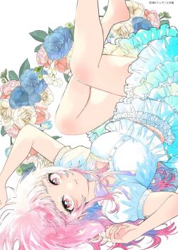 1girl bloomers blunt_bangs cropped_shirt flower frilled_bloomers harekawa_shinta highres looking_at_viewer lying messy_hair momose_akira_(hatsukoi) momose_akira_no_hatsukoi_hatan_chuu. non-web_source red_eyes shirt sideburns smile stomach thighs underwear white_bloomers white_hair white_shirt