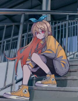 1girl absurdres alternate_costume aqua_ribbon arm_on_own_leg arms_between_legs black_skirt blonde_hair building character_name closed_mouth commentary converse dot_nose double-parted_bangs english_commentary floating_hair from_below full_body hair_ribbon highres logo_parody long_hair long_sleeves looking_at_viewer loose_hair_strand mentally_deficient muted_colors nijisanji nijisanji_en on_stairs orange_shoes orange_sweater outdoors photo_background pleated_skirt pointy_ears pomu_rainpuff railing red_eyes ribbon shoes sidelocks sitting skirt sleeves_past_wrists smile sneakers solo star_(symbol) sweater swept_bangs virtual_youtuber