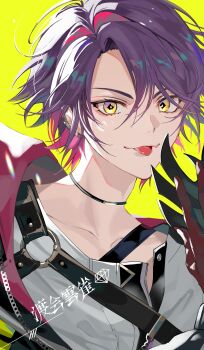 1boy :p absurdres belt black_belt black_choker black_jacket chain character_name chest_belt choker closed_mouth collarbone commentary_request ear_piercing earrings eyelashes gloves grey_shirt hair_between_eyes highres holding holding_mask jacket jewelry koujisako looking_at_viewer male_focus mask multicolored_hair nijisanji o-ring o-ring_belt piercing pink_hair portrait purple_hair shirt short_hair simple_background smile solo streaked_hair tongue tongue_out unworn_mask upper_body virtual_youtuber watarai_hibari white_shirt yellow_background yellow_eyes