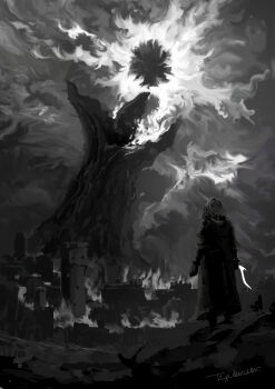 1other artist_name burning city commentary_request elden_ring gloves greyscale highres holding holding_sword holding_weapon long_hair long_sleeves monochrome standing sword tagme tree tripdancer weapon
