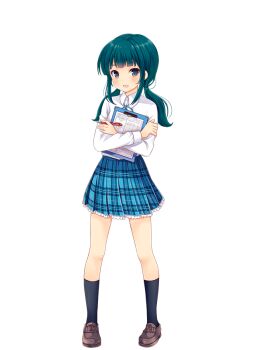 1girl black_eyes black_socks blue_hair blue_ribbon blue_skirt brown_shoes full_body girlfriend_(kari) holding holding_binder holding_pen kawabuchi_kazumi kneehighs knees loafers looking_at_viewer low_twintails miniskirt neck_ribbon official_art pen plaid_clothes plaid_skirt pleated_skirt qp:flapper ribbon school_uniform shirt shoes simple_background skirt socks solo standing thighs transparent_background twintails white_shirt