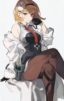 Rule 34 | 1girl, absurdres, black gloves, blonde hair, breasts, brown pantyhose, commentary request, crossed legs, djeeta (granblue fantasy), doctor (granblue fantasy), feet out of frame, gloves, granblue fantasy, half gloves, hashibiro kou (garapiko p), highres, lab coat, medium breasts, necktie, pantyhose, simple background, sitting, stethoscope, white background