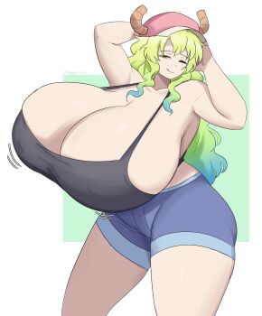 1girl absurdres arms_up blonde_hair blue_hair breasts cleavage cunnilingus curvy female_focus gigantic_breasts green_eyes gus_(emmarrgus) hat highres horns kobayashi-san_chi_no_maidragon long_hair looking_at_viewer lucoa_(maidragon) multicolored_hair one_eye_closed oral shorts skindentation solo thick_thighs thighs tongue tongue_out two-tone_hair wide_hips