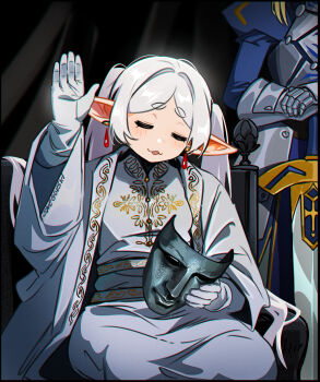 2girls absurdres armor artoria_pendragon_(fate) blonde_hair closed_eyes commentary cosplay crossover earrings elf english_commentary fate/stay_night fate_(series) frieren gloves grey_hair highres holding holding_mask holding_sword holding_weapon jewelry juliet_sleeves king_baldwin_iv king_baldwin_iv_(cosplay) kingdom_of_heaven long_hair long_sleeves mask meme multiple_girls open_mouth parody parted_bangs patreon_username pointy_ears puffy_sleeves saber_(fate) sitting snegovski sousou_no_frieren sword thick_eyebrows twintails very_long_hair weapon white_gloves